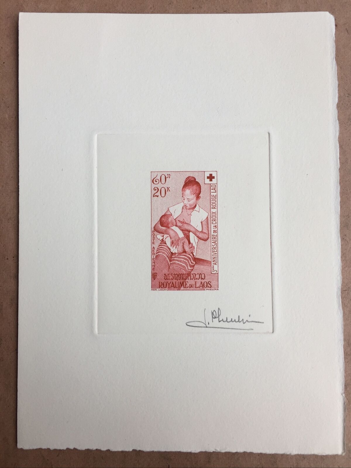 Laos 1958 Red Cross 20k. Artist Signed Die Proof SG84