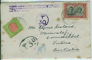 Australia SG D108 3d perf 11 on KGVI Coronation cover from Canada. Rare