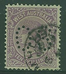 WA Western Australia Australian States SG 127 10/- deep mauve perforated perfin OS FU