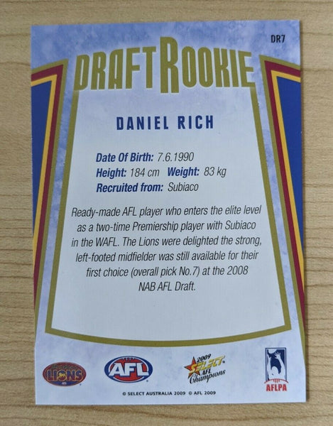 2009 AFL Select Champions DANIEL RICH Brisbane Lions Draft Rookie Card
