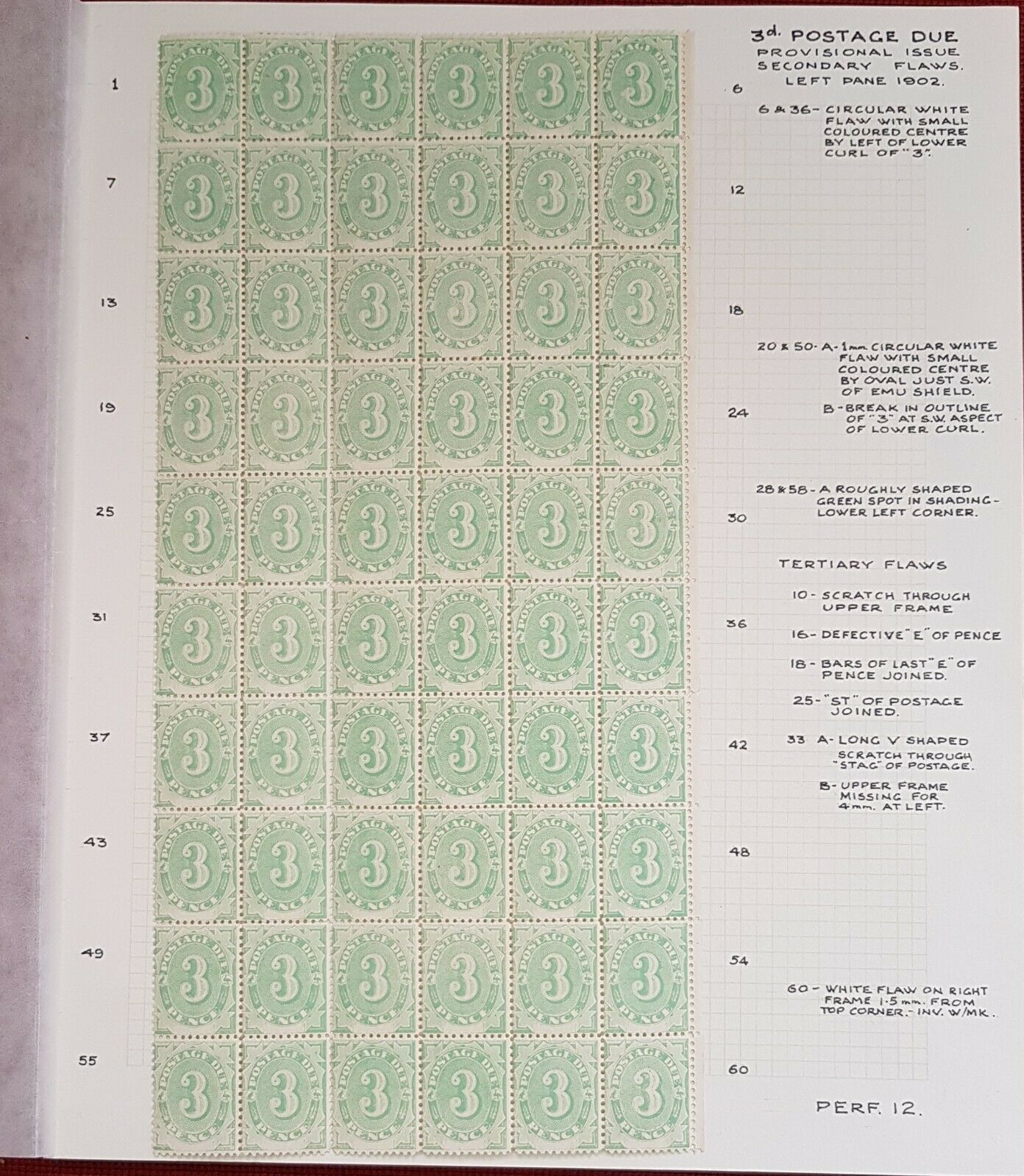 Australia Postage Due SG D4 3d right pane of 60 with varieties annotated. Superb