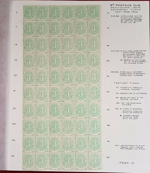 Australia Postage Due SG D4 3d right pane of 60 with varieties annotated. Superb