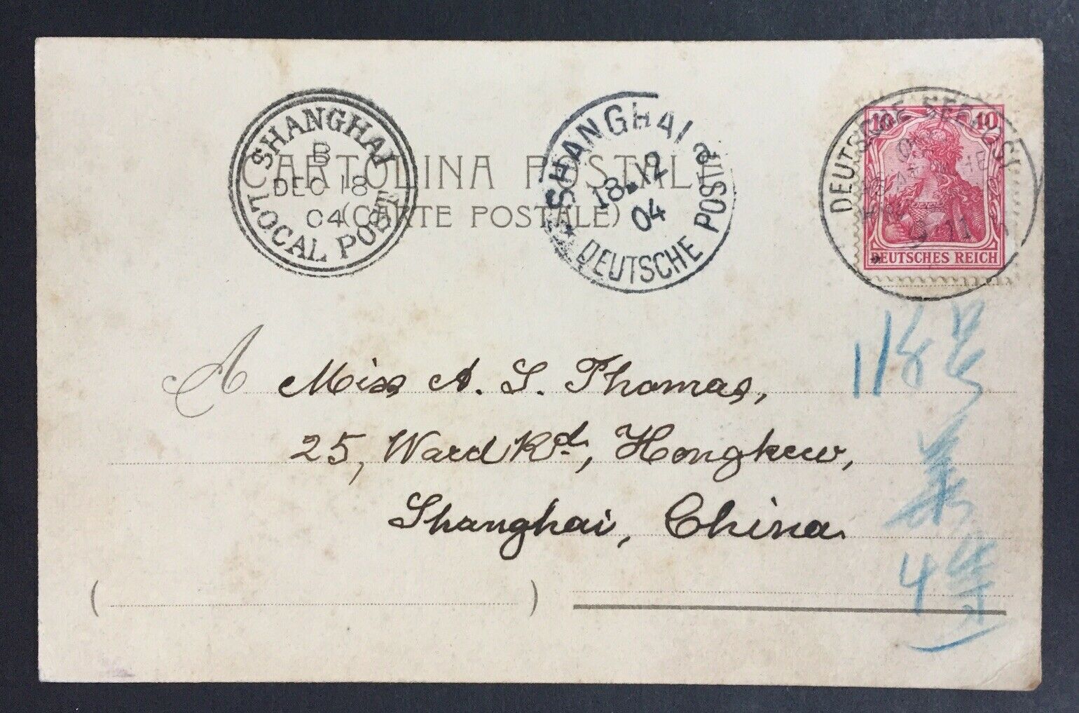 China- Incoming Mail. 1904 Naples PPC To Shanghai Deutsch Seepost Cancel