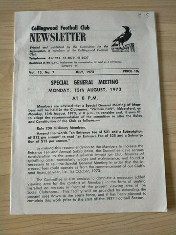 Collingwood Football Club Newsletter Vol.13, No.7 July 1973