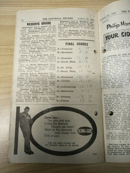 VFL 1965 August 21 Football Record Collingwood v Melbourne