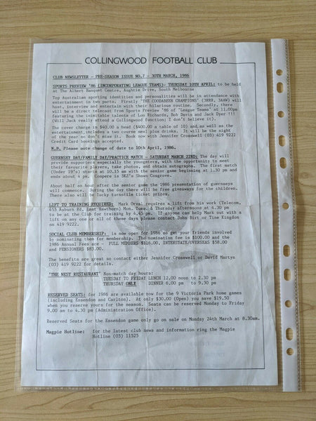 VFL 1986 Practice Match Intra Club Teams Collingwood Football Club