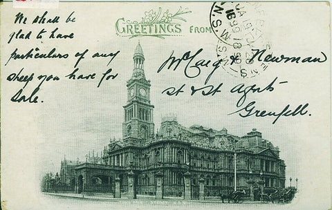 NSW Australian States 1899 1d Greeting card with B&W photo of Sydney Town Hall