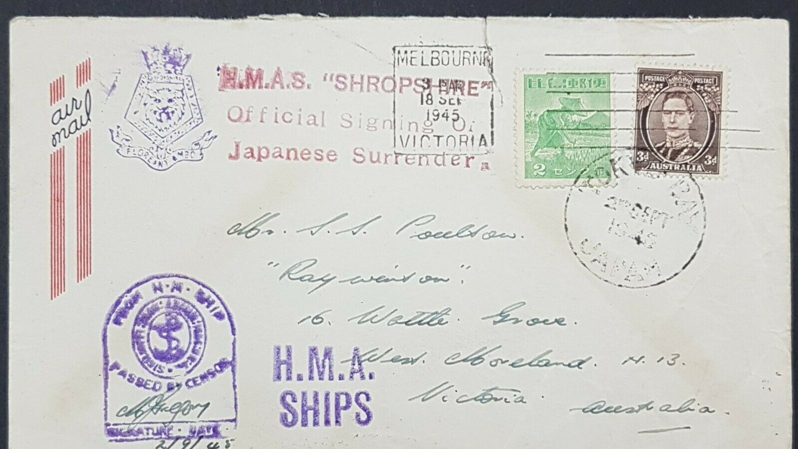 Australia Philippines Japanese Surrender censored Navy cover HMAS Shropshire