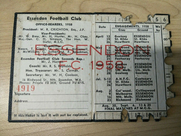 VFL 1958 Essendon Football Club Membership Season Ticket No. 4919