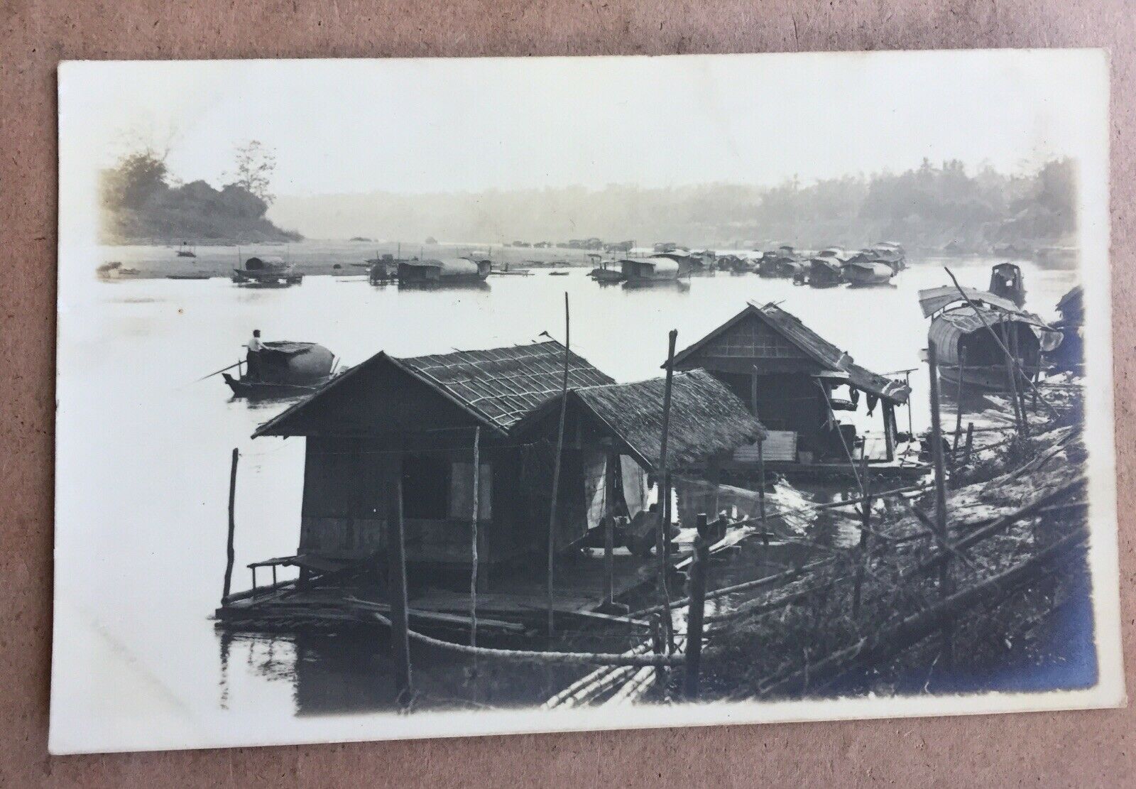 Thailand Postcard Circa 1920s Thai River Scene With House Boats & Rice Barges