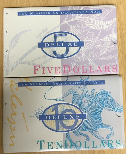 Australia 1995 $5, $10 Banknote Folders Matching Serial Numbers AA95007572
