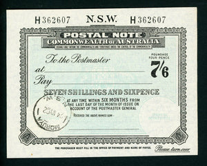 Australia NSW 7/6 Postal Note banknote postal stationery used Moruya 1962