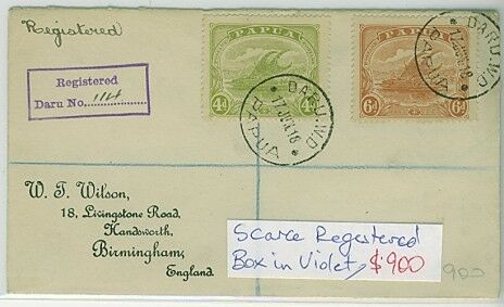 Papua Daru - GB, 4d, 6d Lakatoi handstamped with scarce Registered box in Violet