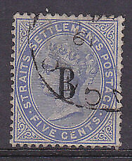 Thailand, British P.O. in Siam on Straits Settlements  5c blue SG 18 Used