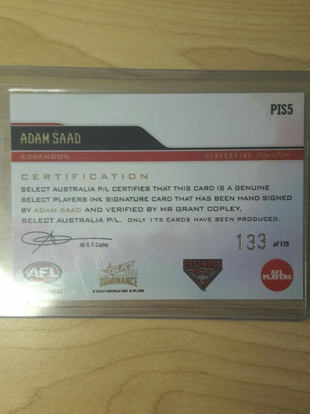 2020 Select Dominance Players Ink Signature Card Adam Saad Essendon No.133/175