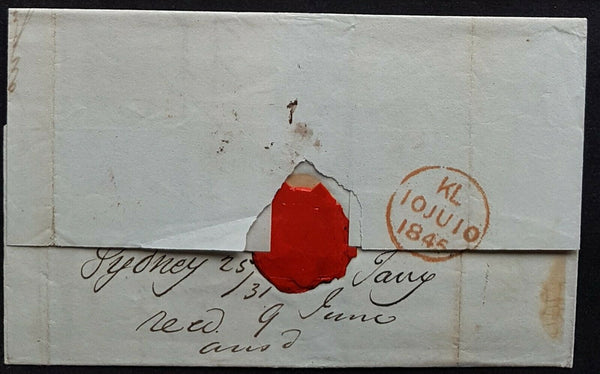 NSW Pre stamp ship letter Sydney Fe 5 1845 to London KL 10 Ju 1845