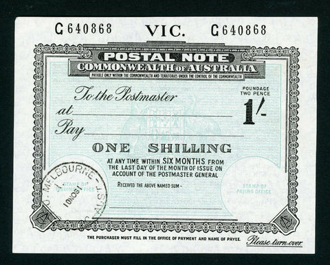 Australia Victoria 1/- Postal Note banknote postal stationery used Melbourne1961