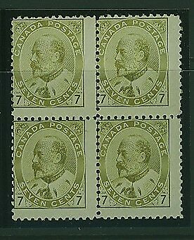 Canada SG 180 7c yellow-olive KEVll Block of 4, 3 MUH