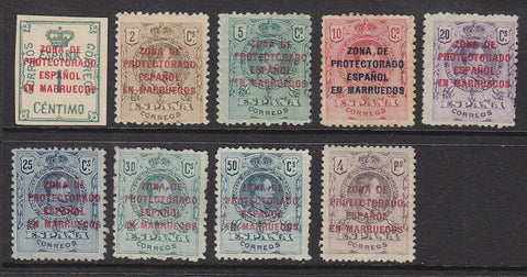 Spanish Morocco on Spain SG 69-80, 9 values from 1c to 4p Mint Hinged.
