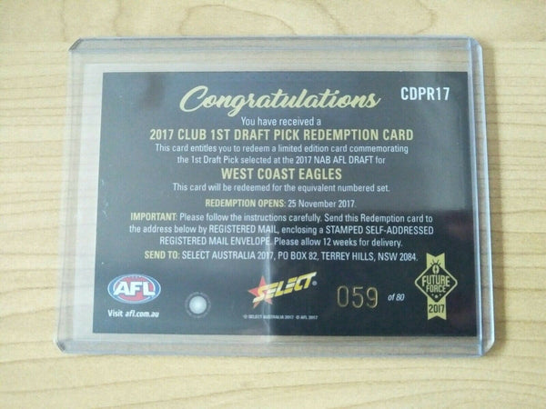 2017 Future Force 1st Draft Pick Redemption Card Jarrod Brander West Coast 59/80