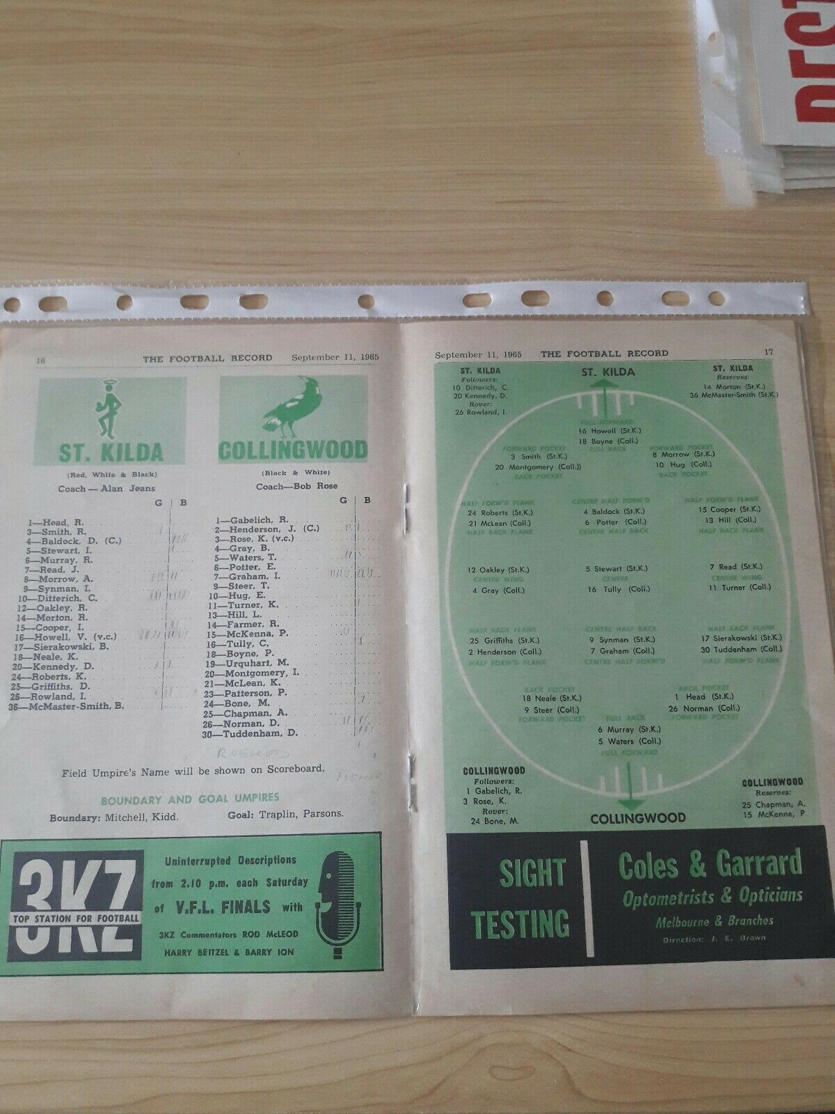 VFL 1965 PRELIMINARY FINAL FOOTBALL RECORD St Kilda v Collingwood