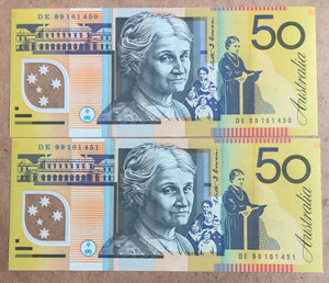 R518c 1999 $50 Australia  Polymer Banknote Macfarlane Evans Consecutive Pair.