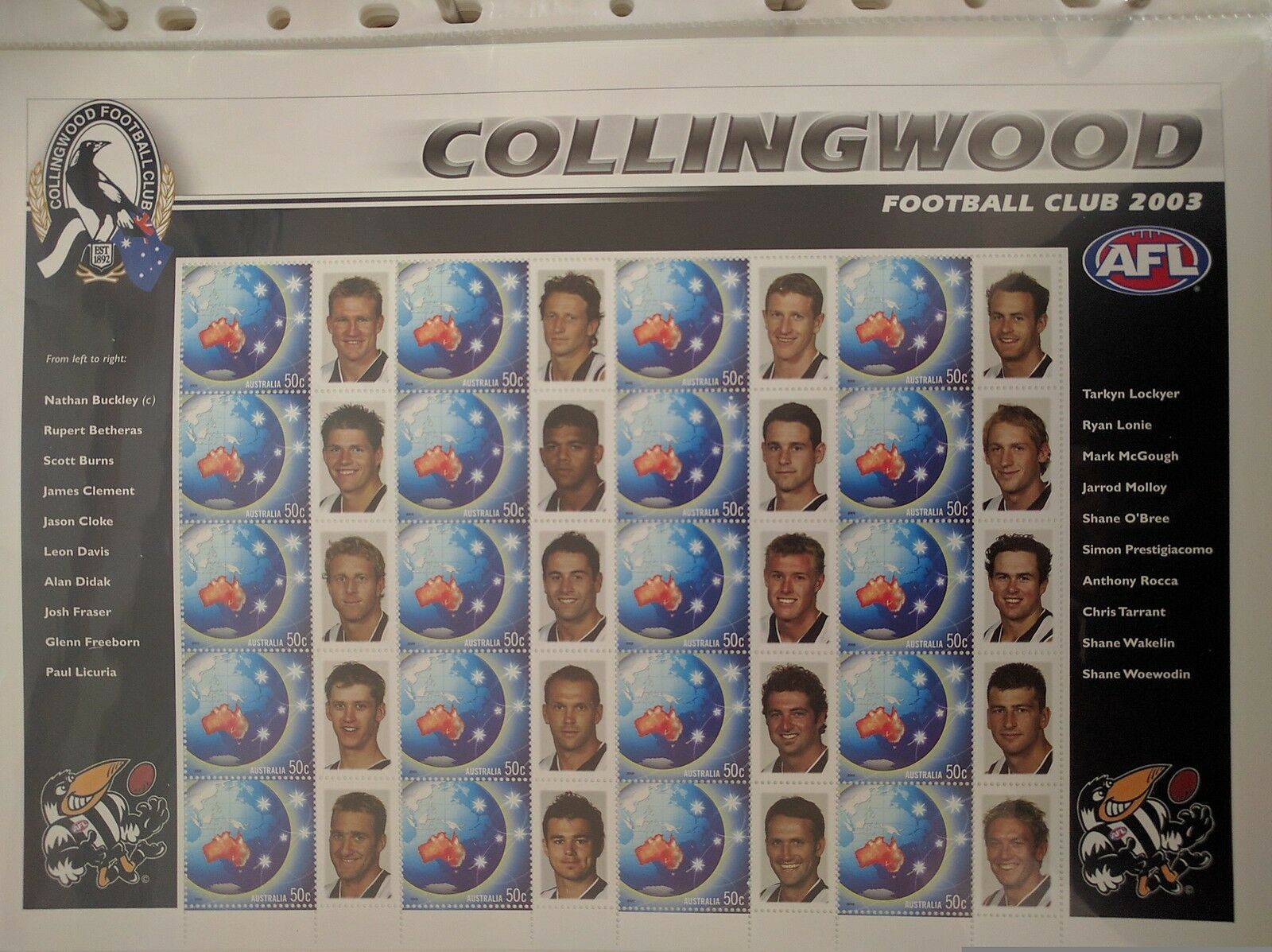 Australia SES 2003 Collingwood Football Club 50c Stamp Sheet