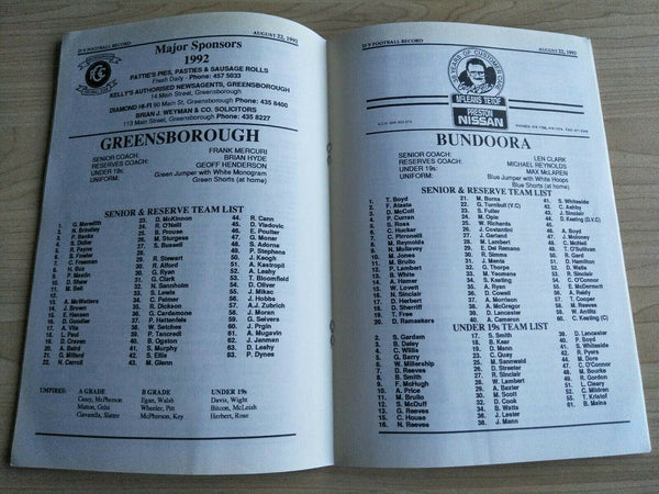 Football 1992 22nd Aug Diamond Valley Football League Football Record Vol. 36, No. 19