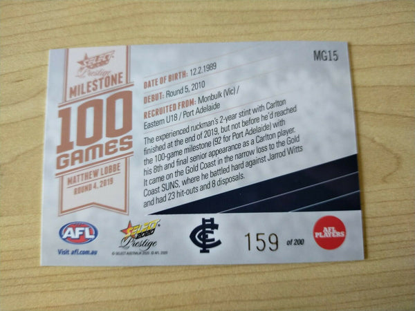 2020 Select Prestige Milestones Matthew Lobbe Carlton No. 159/200