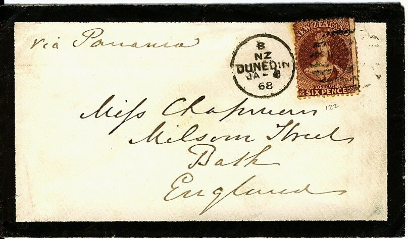 NZ 6d Chalon Full face Queen solo franking  VIA PANAMA route. Ex Marcel Stanley