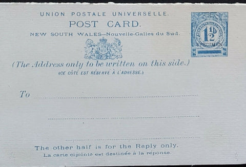 NSW 1½d + 1½d 1892 reply card overprinted specimen HG 14