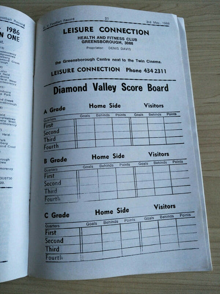 Football 1986 3rd May Diamond Valley Football League Football Record Vol. 30, No. 5