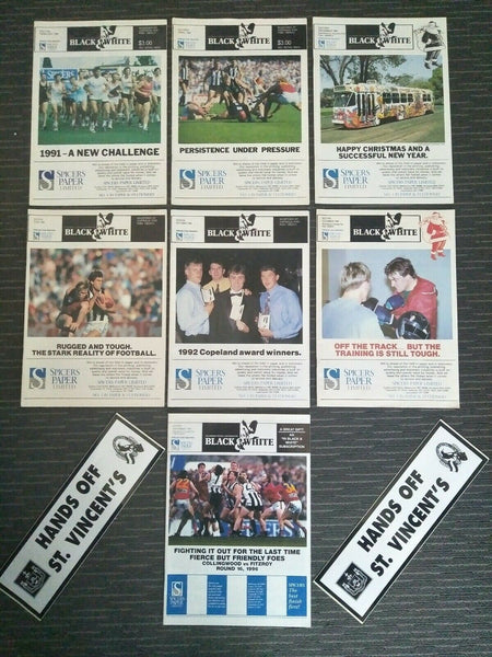 Collingwood Football Club "In Black & White" Newsletter 1991-96 x7 and Stickers