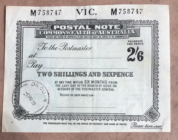 Australia Victoria 2/6 Postal Note bank note postal stationery Cancelled 1959