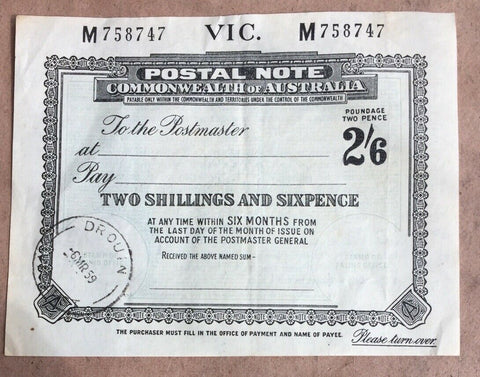 Australia Victoria 2/6 Postal Note bank note postal stationery Cancelled 1959