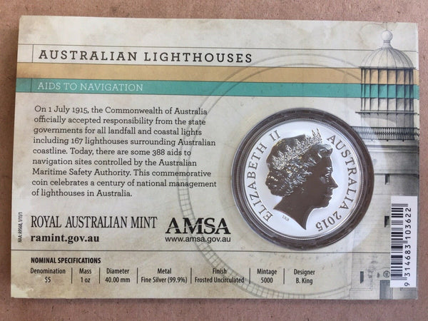 Australia 2015 Royal Australian Mint $5 Lighthouse One Ounce.999 Silver Uncirculated Coin
