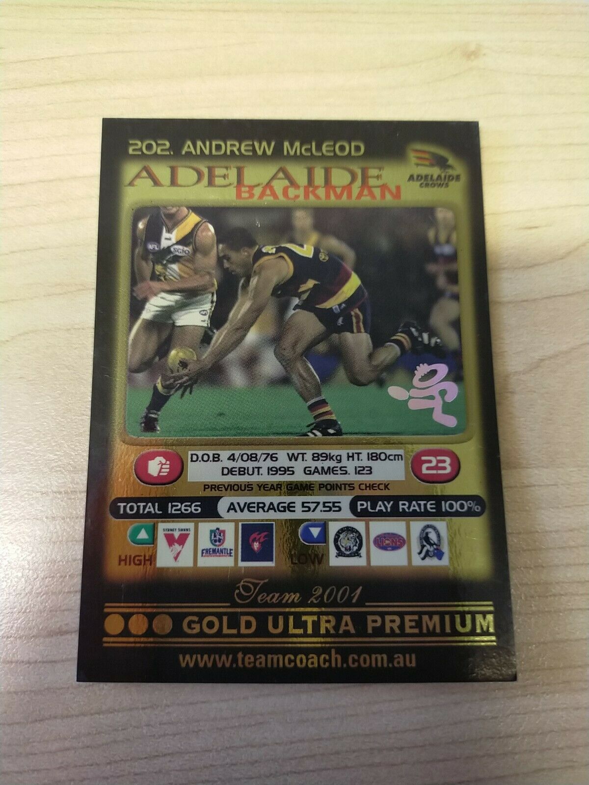 2001 Teamcoach Gold Prize Card Adelaide 202 Andrew McLeod