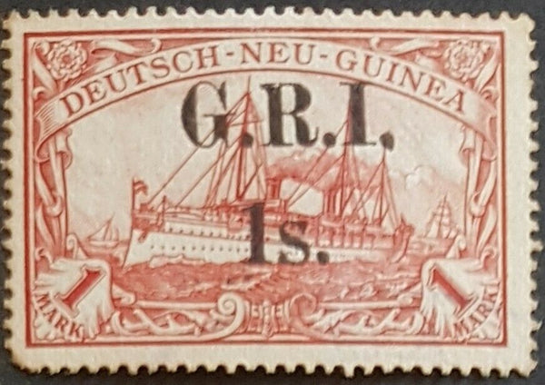 New Guinea SG 12a 1/- GRI on 1 M German New Guinea. Large s variety. Blunt corner.  Mint