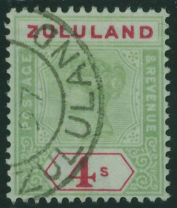 Zululand South Africa SG 27 4/- green and carmine Queen Victoria. Fine used