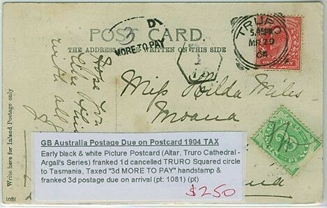 GB - Tasmania postcard Truro cathedral and 3d Australia blank tablet postage due
