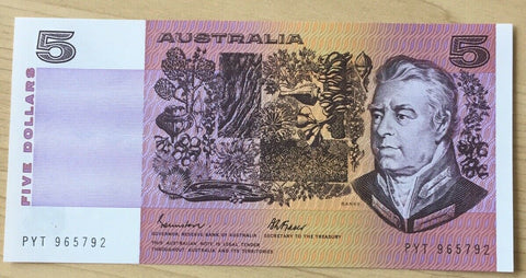 R209b 1985 $5 Johnston Fraser Gothic Serials Banknote Uncirculated