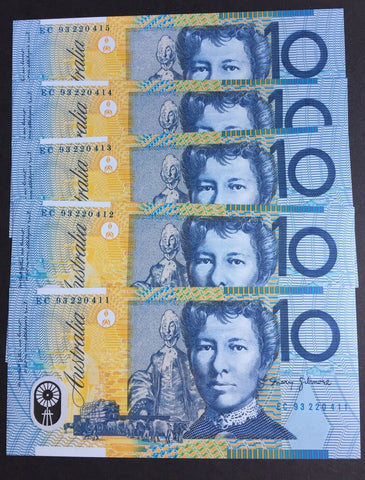 R316a 1993 $10 Blue Dobell Fraser Evans Polymer Banknote Run of 5 Uncirculated
