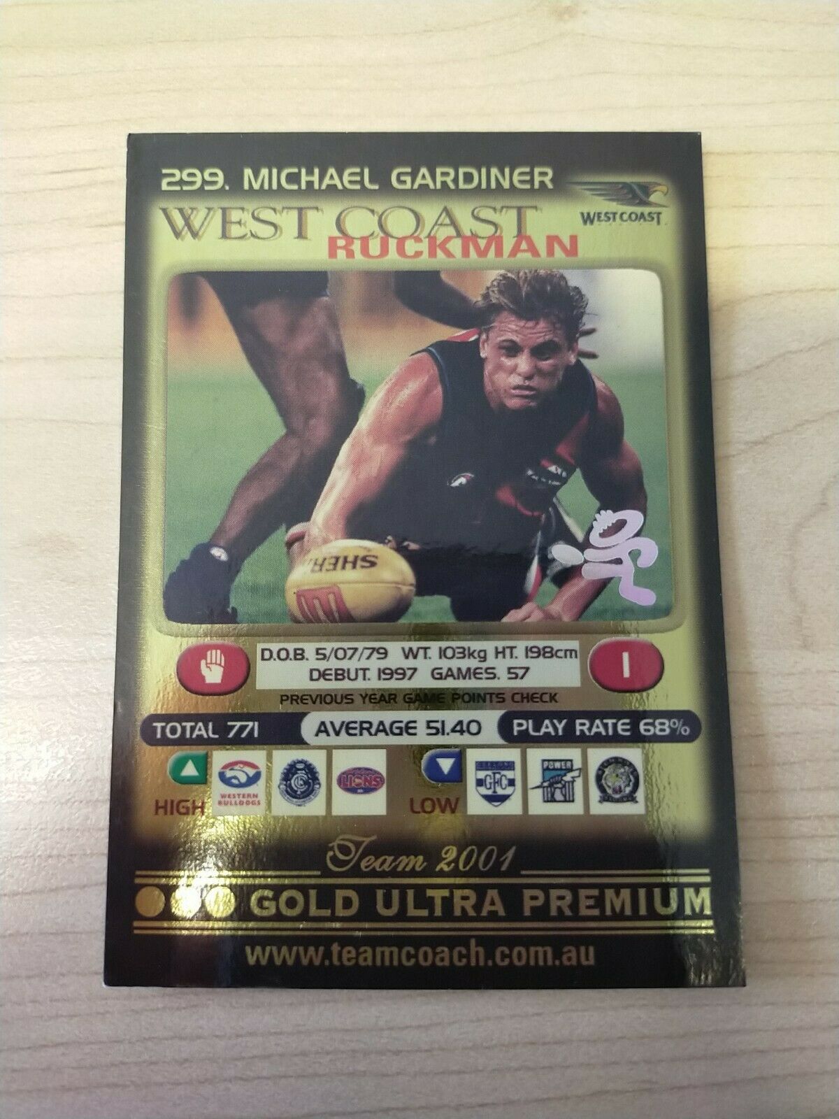 2001 Teamcoach Gold Prize Card West Coast 299 Michael Gardiner