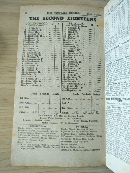 VFL 1959 1st Semi Final Football Record Collingwood v Essendon