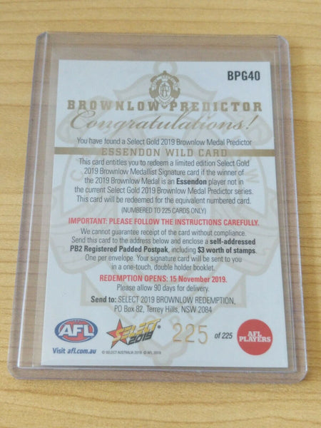 2019 AFL Select Footy Stars Essendon Gold Brownlow Wild Card 225/225