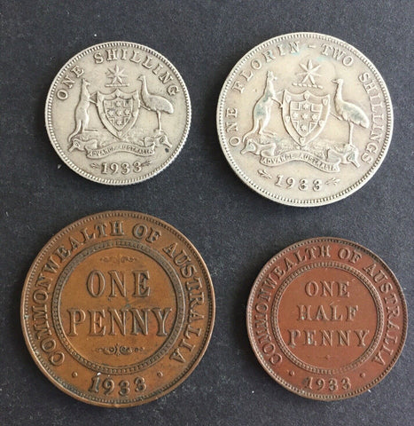 Australia 1933 Pre Decimal 4 Coin Set including rare shilling