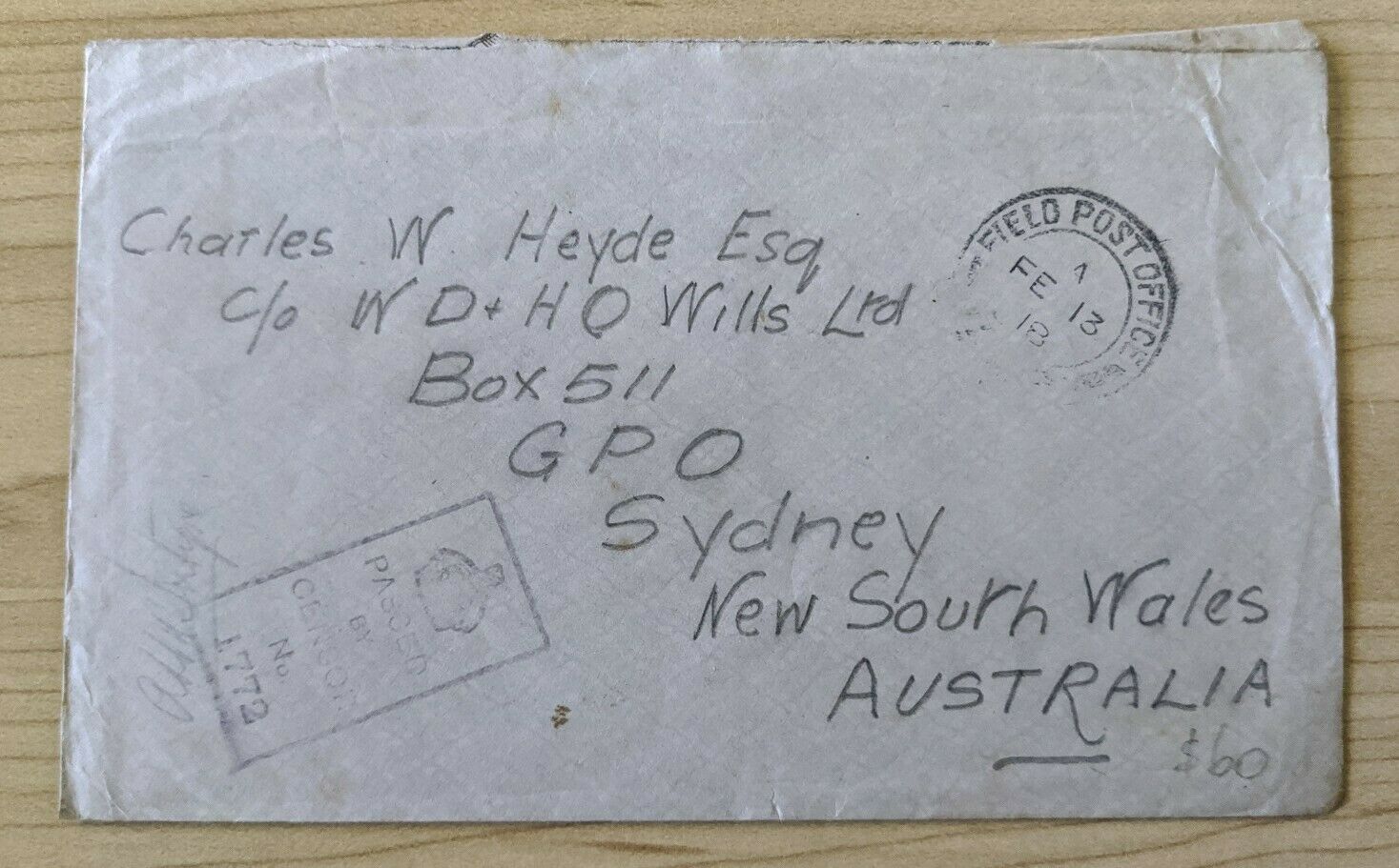 WWI stampless Military Mail Field Post Office Passed By Censor NSW Australia