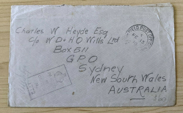 WWI stampless Military Mail Field Post Office Passed By Censor NSW Australia