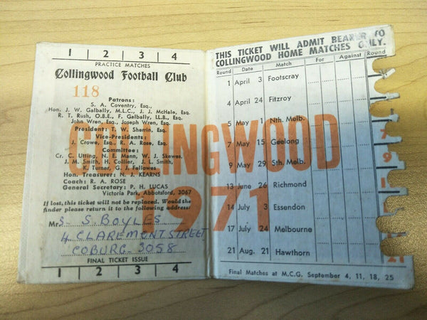 VFL 1971 Collingwood Football Club Season Ticket No. 118