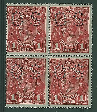 Australia SG O54 KGV 1d Scarlet perf OS, BLOCK OF FOUR SG O54 MUH